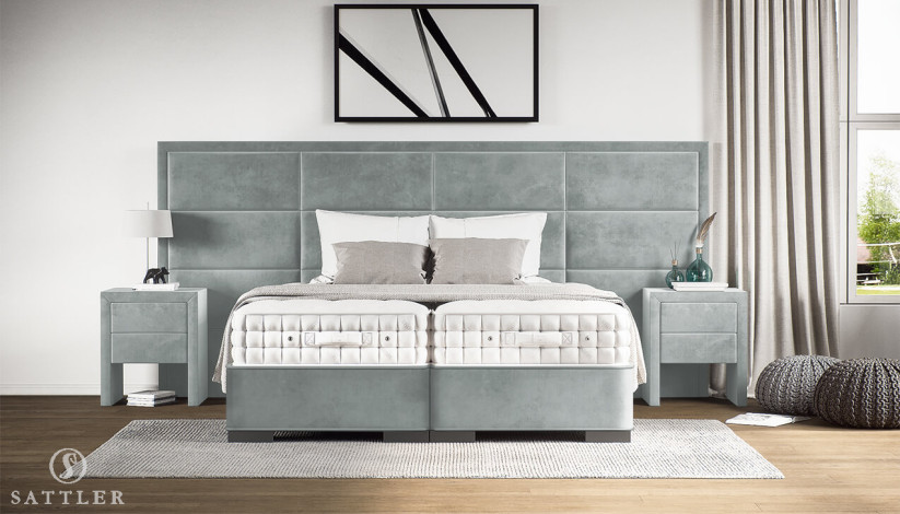 Luxus Boxspringbett Maximo in Adore Steel mit 300 cm breitem Kopfteil